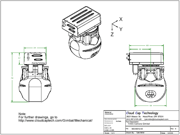 TASE Gimbal - Dimensioned 3-View Drawing - Click for larger view.